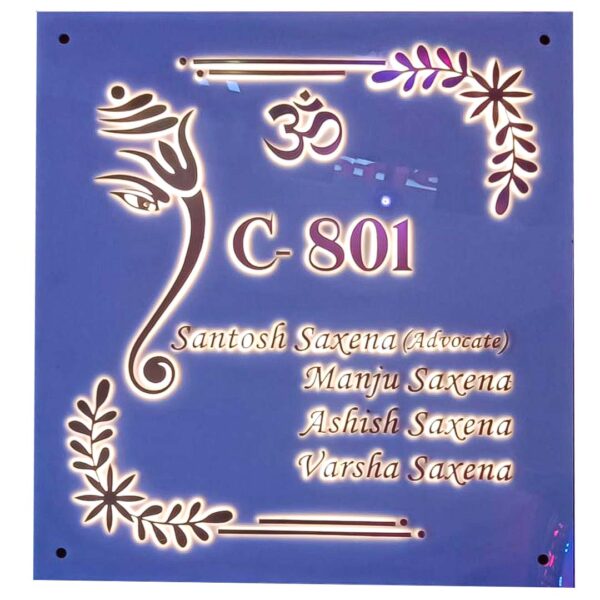 Om & Ganesh Theme LED Name Plate featuring vibrant LED lighting and intricate design, ideal for home or office.